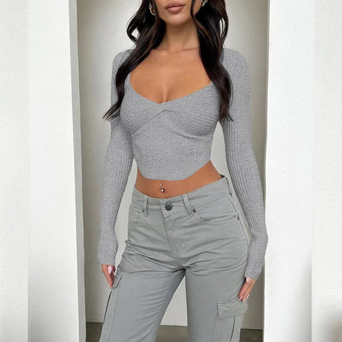 Sexy T-shirt Women Autumn New Solid Corset V-Neck Long Sleeves Crop Top Asymmetrical Fashion Streetwear Casual T-shirts Female